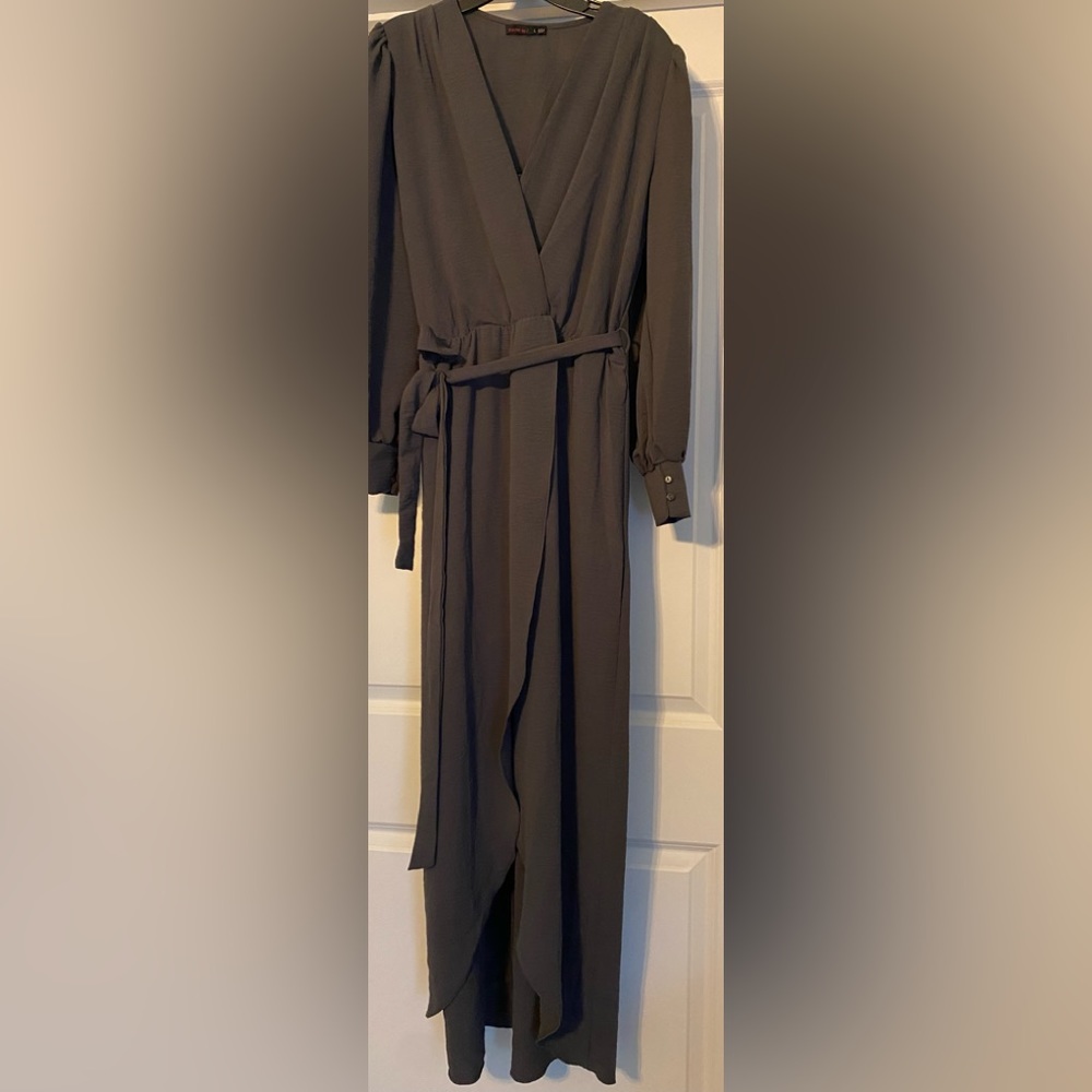 Fraiche by J Long Sleeve Faux Wrap Maxi Dress Size Large In Grey Made In USA